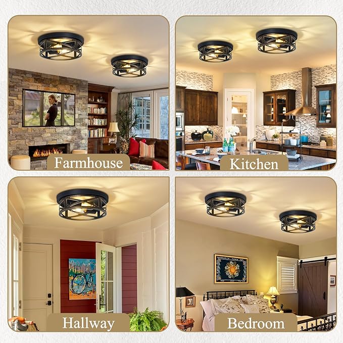 Flush Mount Ceiling Light Fixture,Rustic Metal Black 2-Light Hallway Light Fixtures Ceiling,Vintage Light Fixtures Ceiling Mount for Farmhouse,Kitchen,Hall (2 Pack)