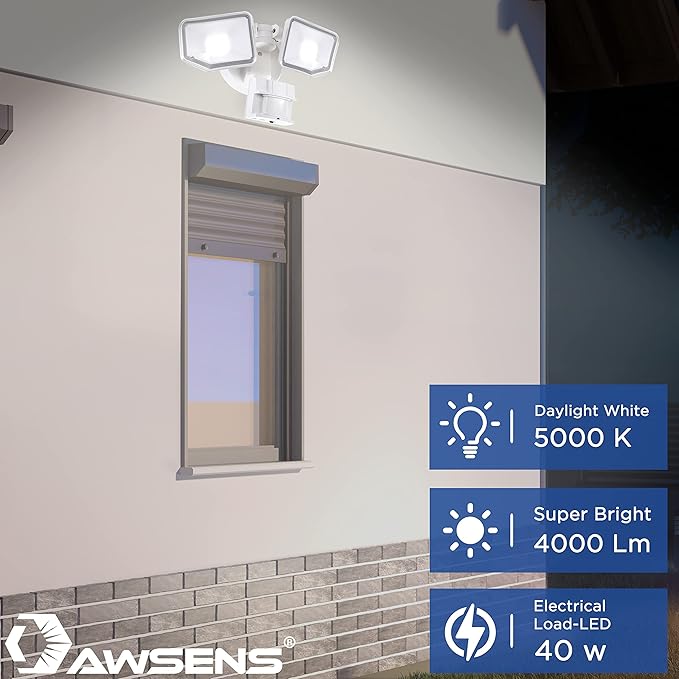 40W LED Security Lights Motion Sensor Light Outdoor, 180 Degree, 4000LM, 5000 K, ETL Water Resistant, Clear 2 Head Motion Detector Flood Light for Garage, Yard 2-Pack (White)