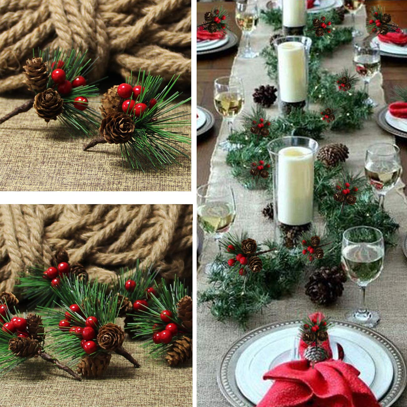 Acronde 20PCS Artificial Pine Picks Christmas Simulation Pine Needle Small Berries Pinecones for Flower Arrangements Wreaths Wedding Garden Xmas Tree Decorations (Red)