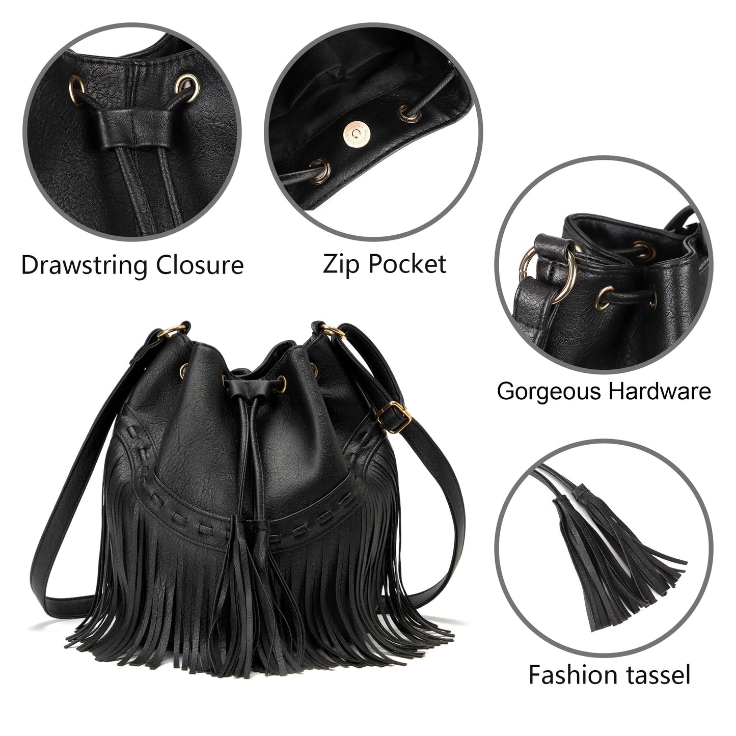 Leather Bucket Bags for Women Crossbody Fringe Purses with Drawstring Ladies Tassel Hobo and Shoulder Handbags Black