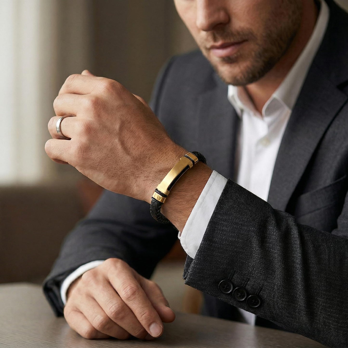 MYNENEY Stainless steel tiger eye stone cuff leather bracelet with bead, hand woven double-layer men's bracelet (Brand-Gold, 9, Inches)