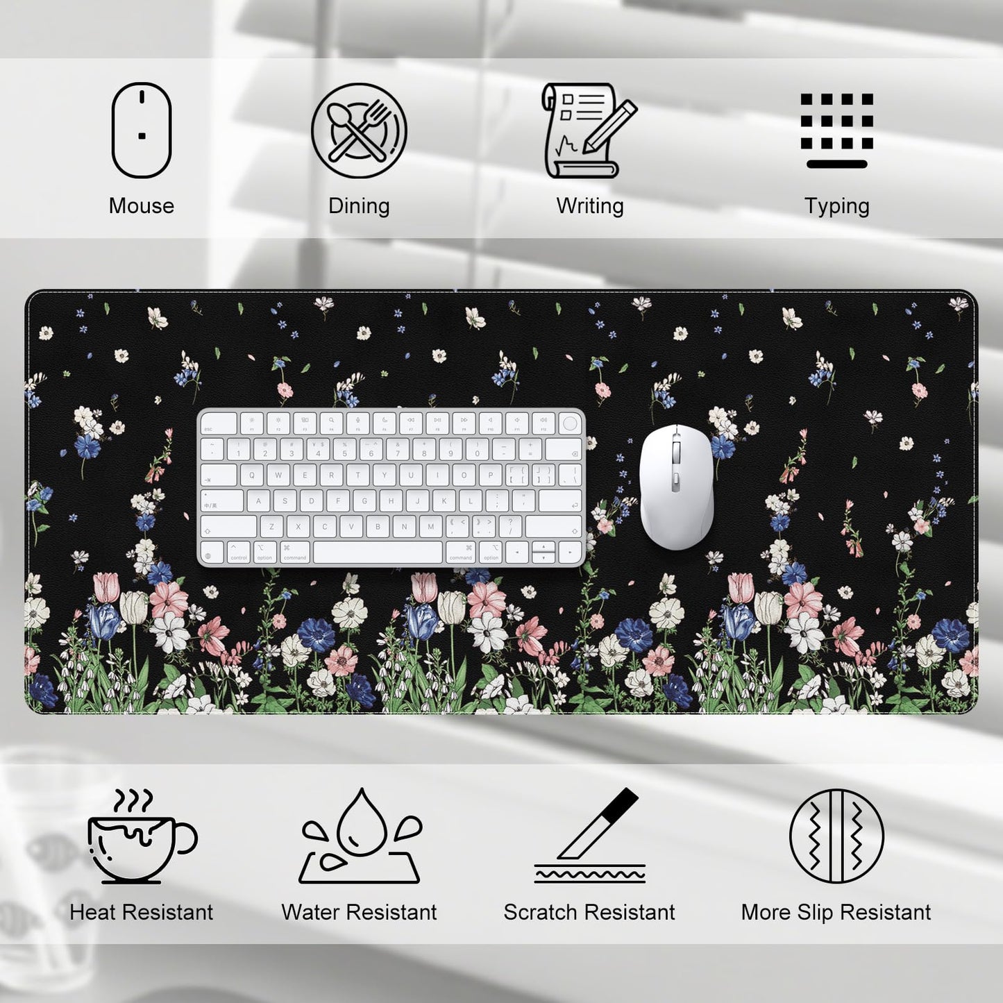 DINKY Leather Desk Protector Mouse Pad, Large Keyboard Mat, Non-Slip PVC Leather Blotter, Black Laptop Pad, Waterproof Writing Pad for Office Home 35.4" x 15.7", Flower Rain