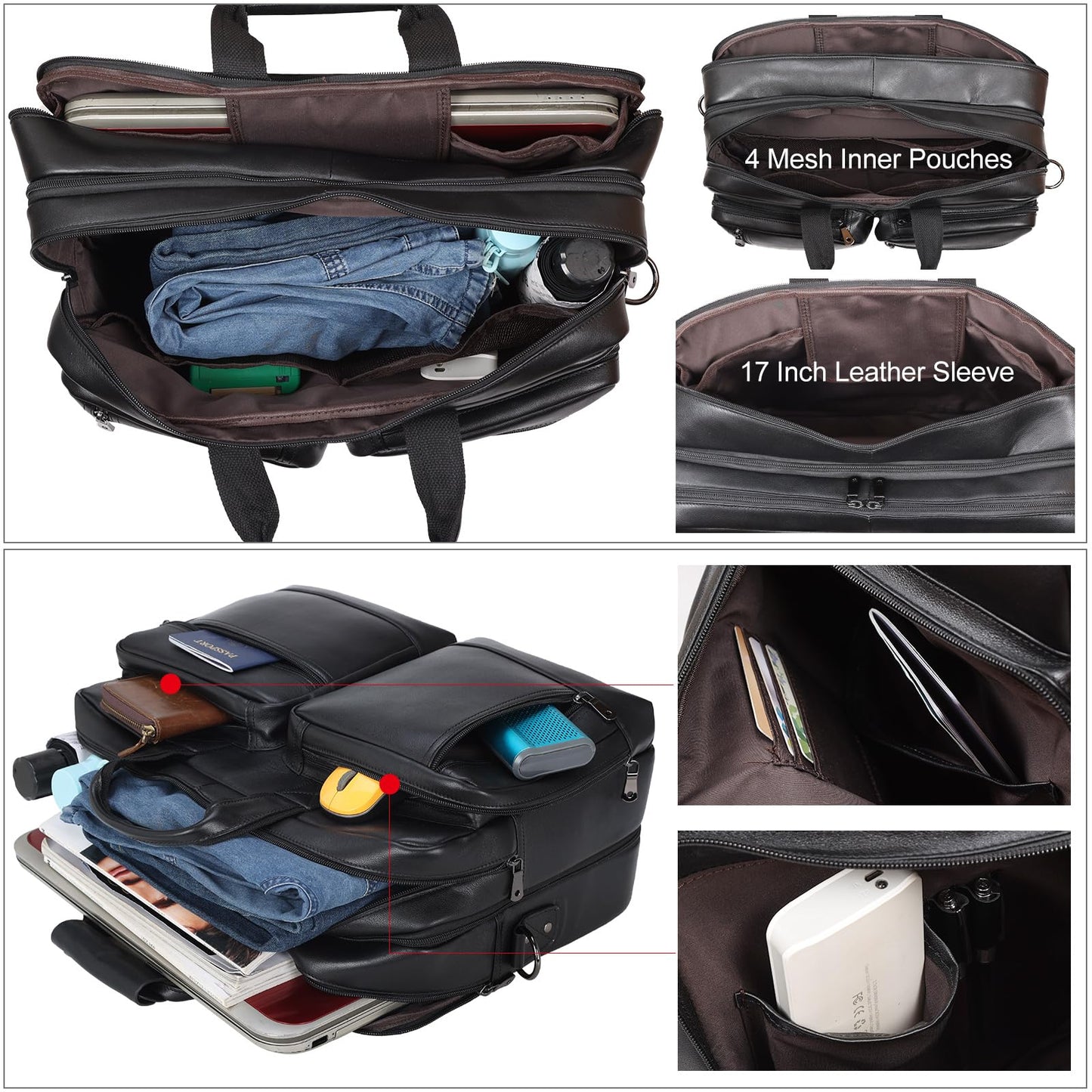 Masa Kawa Black Leather Briefcase Messenger Bag Men Expandable 17 Inch Laptop Business Travel Duffel Crossbody Shoulder Weekender Overnight Bags,Large