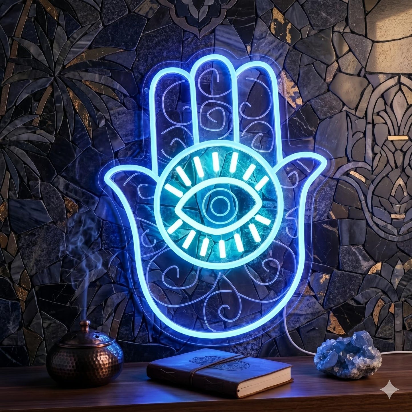 Hamsa Hand Neon Sign, Blue Hamsa Evil Eye Neon Sign for Protection & Decor, LED Wall Hanging Light for Bedroom, Meditation Space, Living Room, Boho Aesthetic Home Décor, USB Powered Hamsa Neon Wall Art