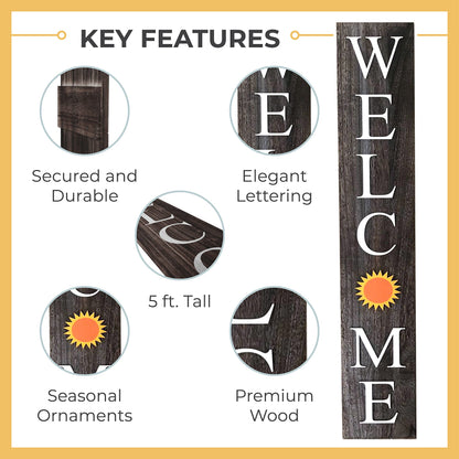 Extra Large 5FT Premium Wooden Interchangeable Welcome Sign for Front Door Porch Sign - 5 ft (58 x 11 Inch) 8 Magnetic Seasonal Tiles, Fall Porch Signs, Holidays and Seasons, Weather Resistance Standing welcome sign Outdoor and Indoor (Gray)