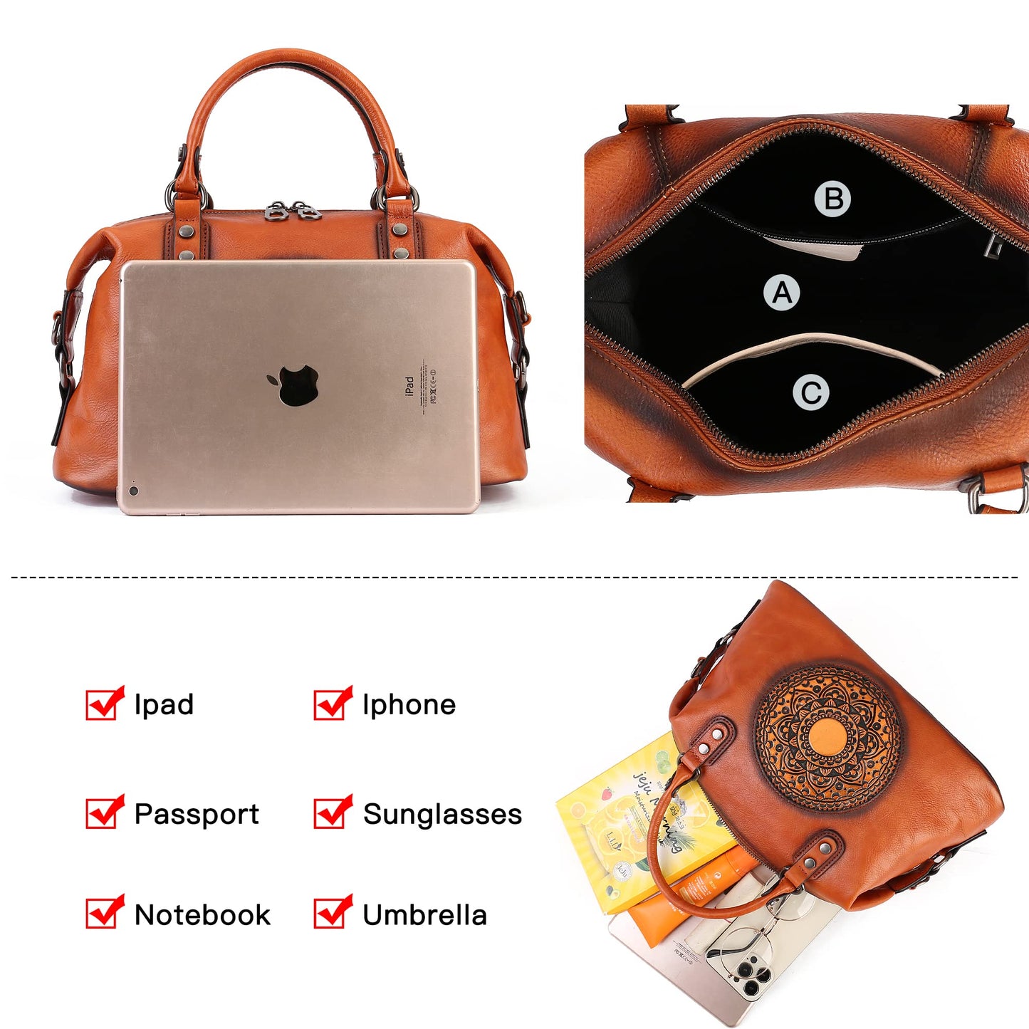 Genuine Leather Women's Handbags Travel Small Purses Top Handle Barrel Satchel Shoulder Hand Bags leather crossbody bags for Women Retro Totem Tote Bag Brown