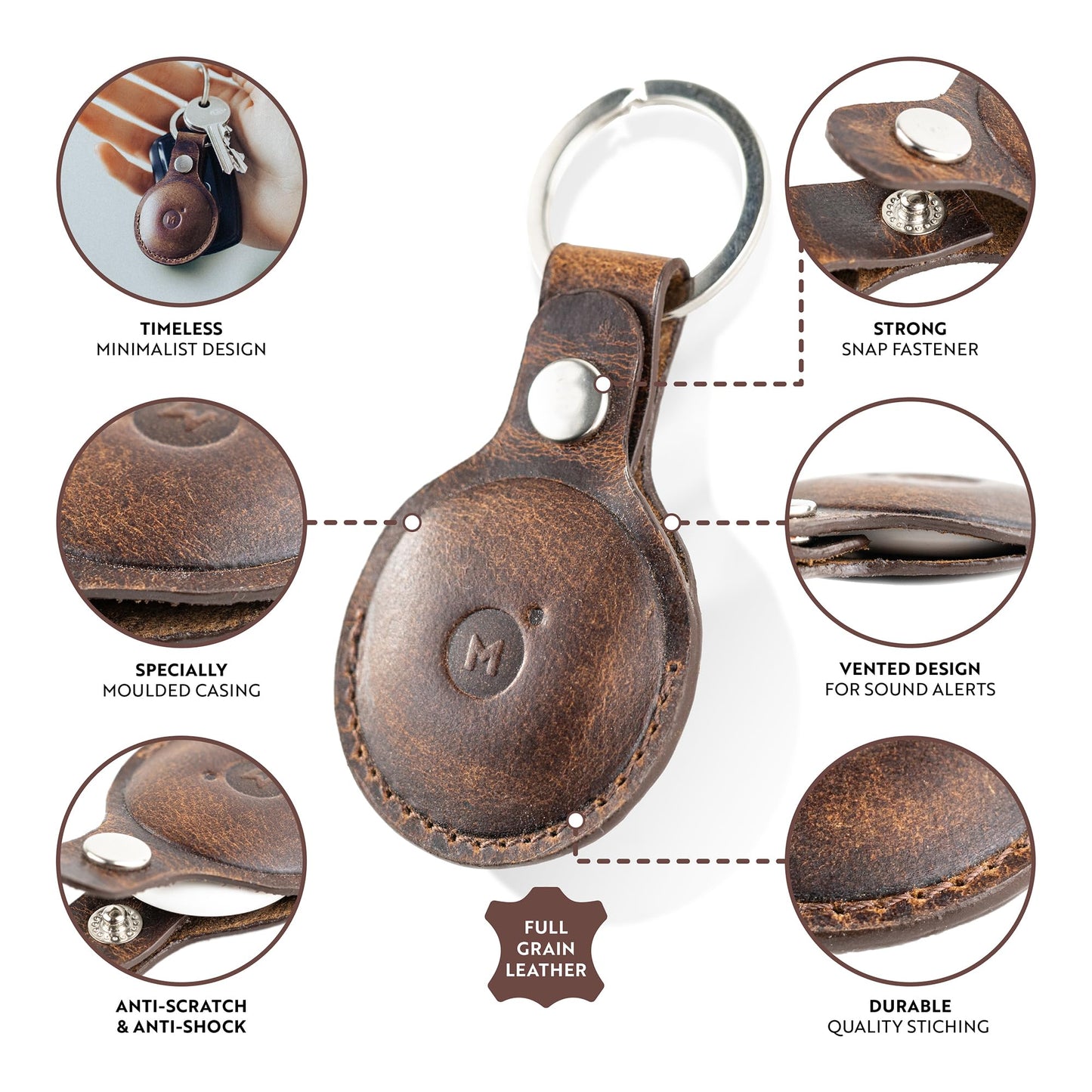 moonster Genuine Leather AirTag Keychain Holder for Apple Air Tag, Full-Grain Buffalo Leather AirTag Holder with Key Ring, Reinforced Stitching and Snap Closure (4 Pack)