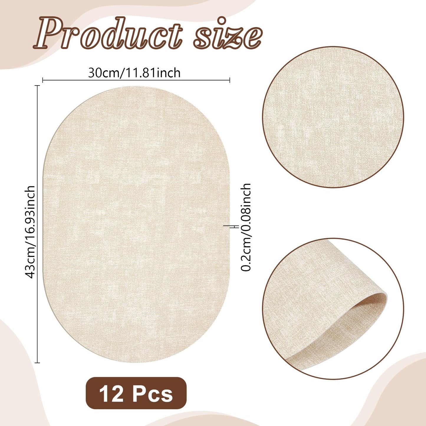 GLASSWINDS Oval Placemats Set of 12 - Washable & Heat Resistant Table Mats, Non-Slip Faux Leather Dining Decor, Waterproof Easy Clean Kitchen Place Mats for Room Coffee Office，Beige
