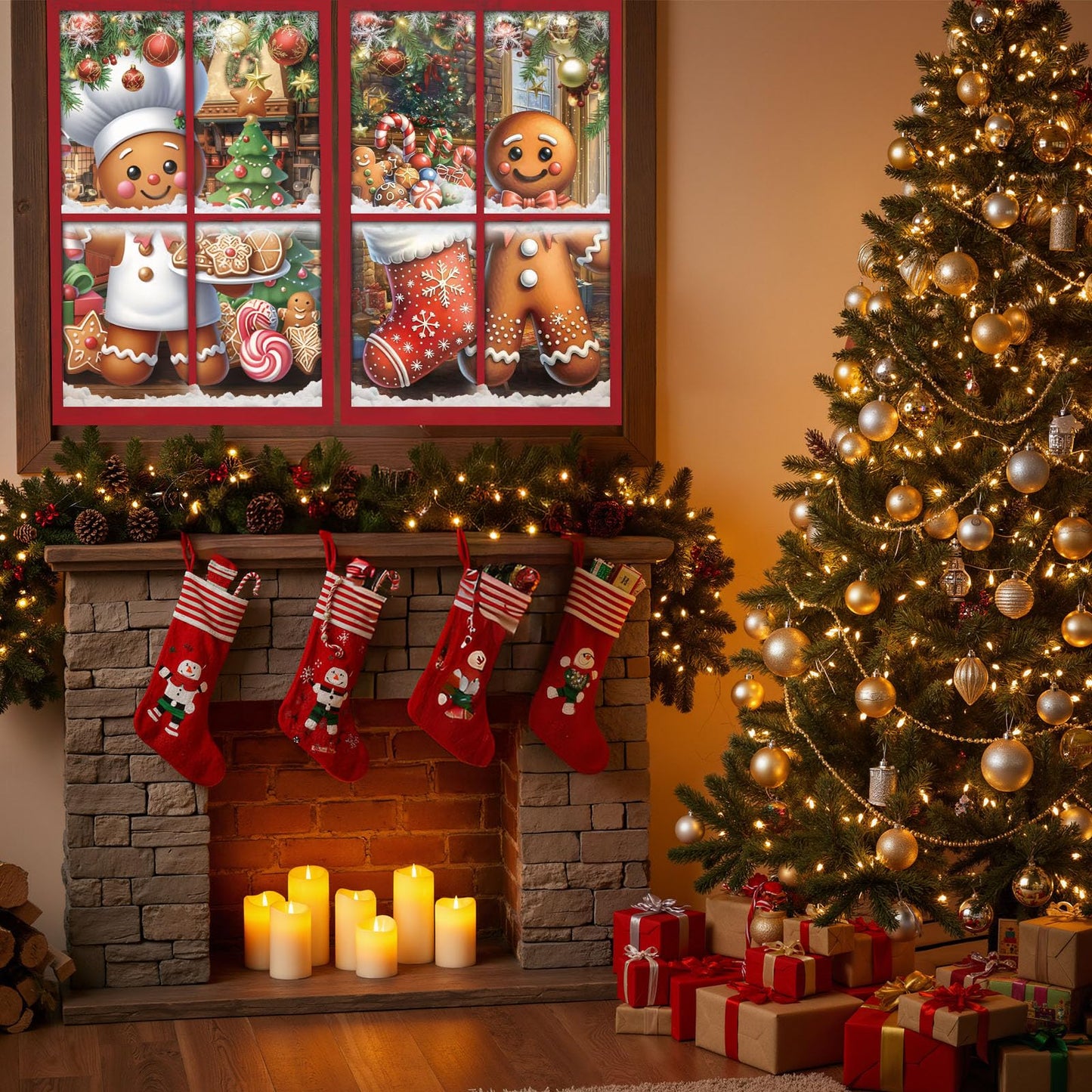 Patelai 4 Pcs Merry Christmas Curtain Cute Christmas Window Silhouette Decoration Snowflake Window Door Cover Holiday Xmas Poster Screen for Indoor Outdoor Party Decor(Gingerbread Man)