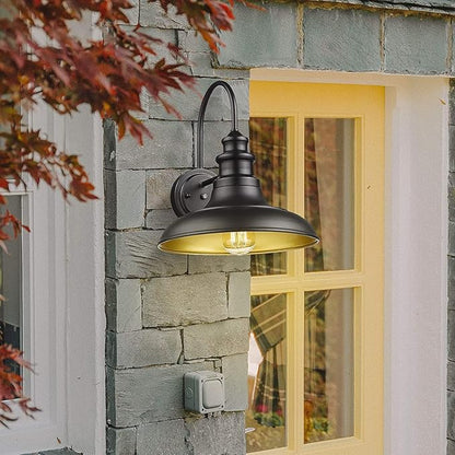 Dusk to Dawn Sensor Outdoor Barn Light Fixture, 12.3 Inch Dome Outdoor Wall Sconce Farmhouse Wall Mount Lights Exterior Gooseneck Light Fixture Black Finish Industrial Wall Lantern for Porch, 1Pack