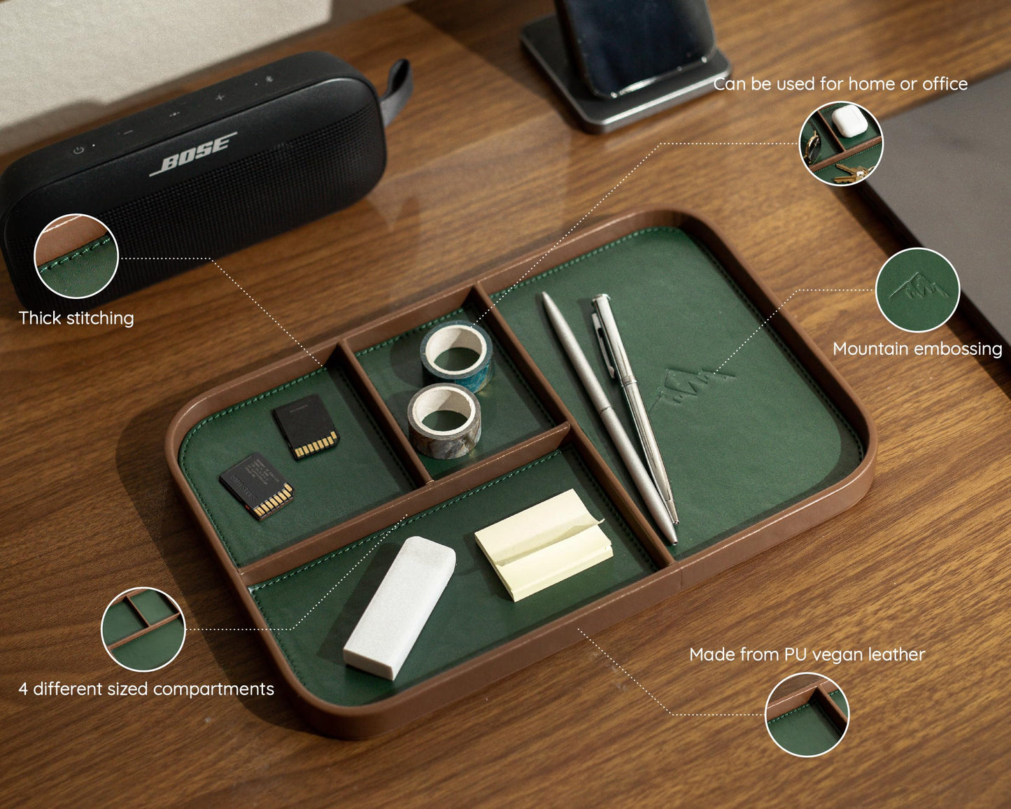 MUUJEE Leather Catchall Multitray (Design 3) - 11.65 x 7.75 x 0.8, Nightstand Entryway Bedside Dump Tray Valet Organizer for Keys Phone Wallet Watch Glasses Pens, Office Desk Accessory for Men, Green