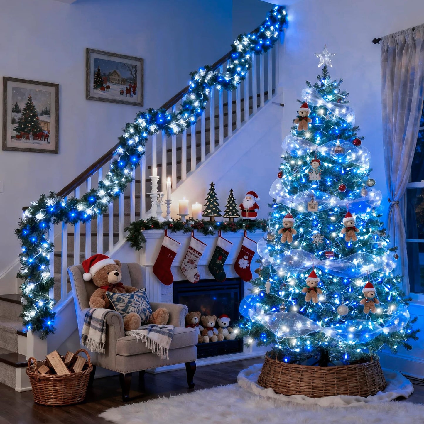 JMEXSUSS Connectable Blue and White Christmas Lights, 8 Modes 100 LED Twinkle String Lights Indoor, Clear Wire Plug-in Christmas String Lights Outdoor Waterproof