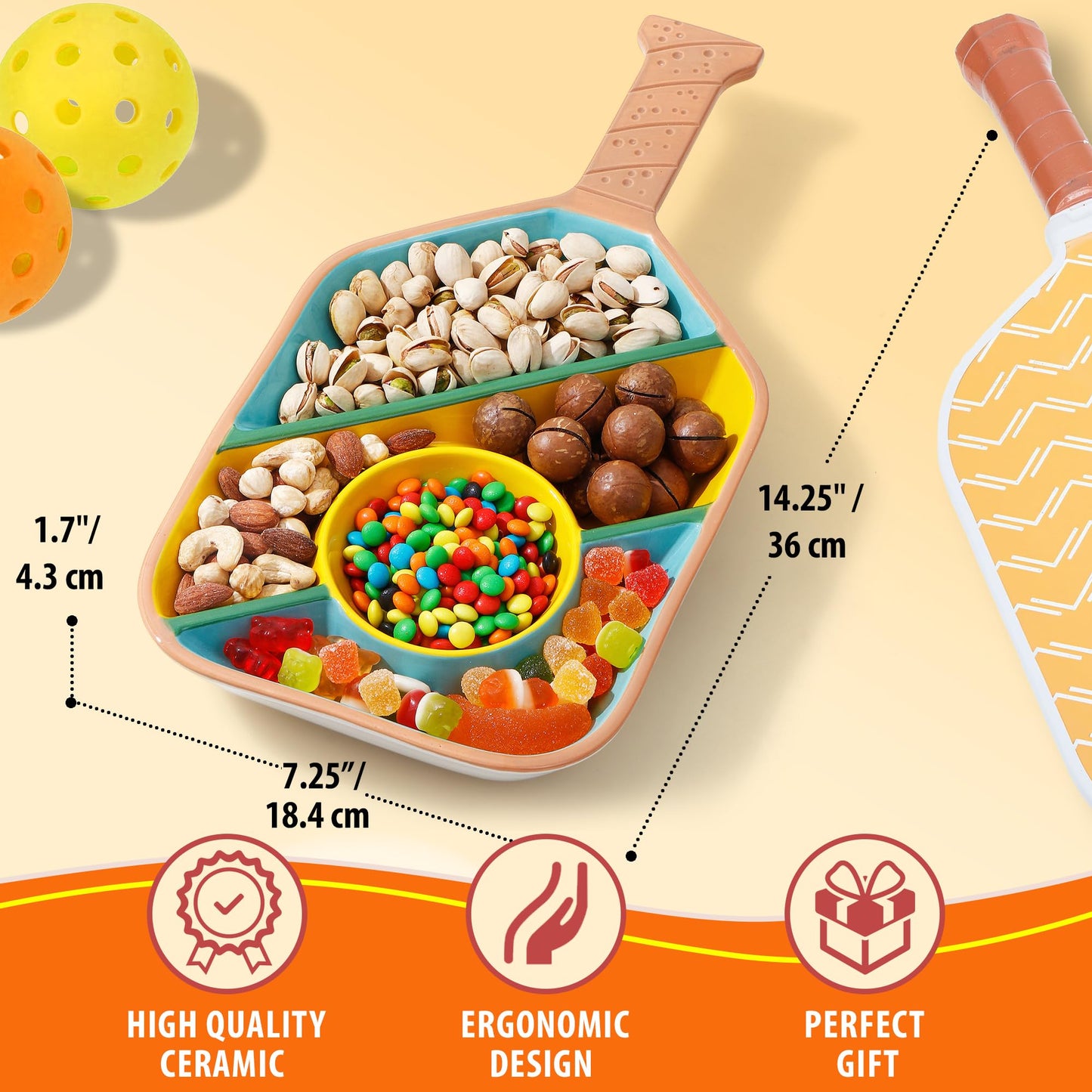 Pickleball Paddle Snack Tray - Cool Pickleballs Serving Tray for Snack - Paddle-Shaped Serving Tray with Compartments - Unique Divided Snack Trays for Pickleball Fans
