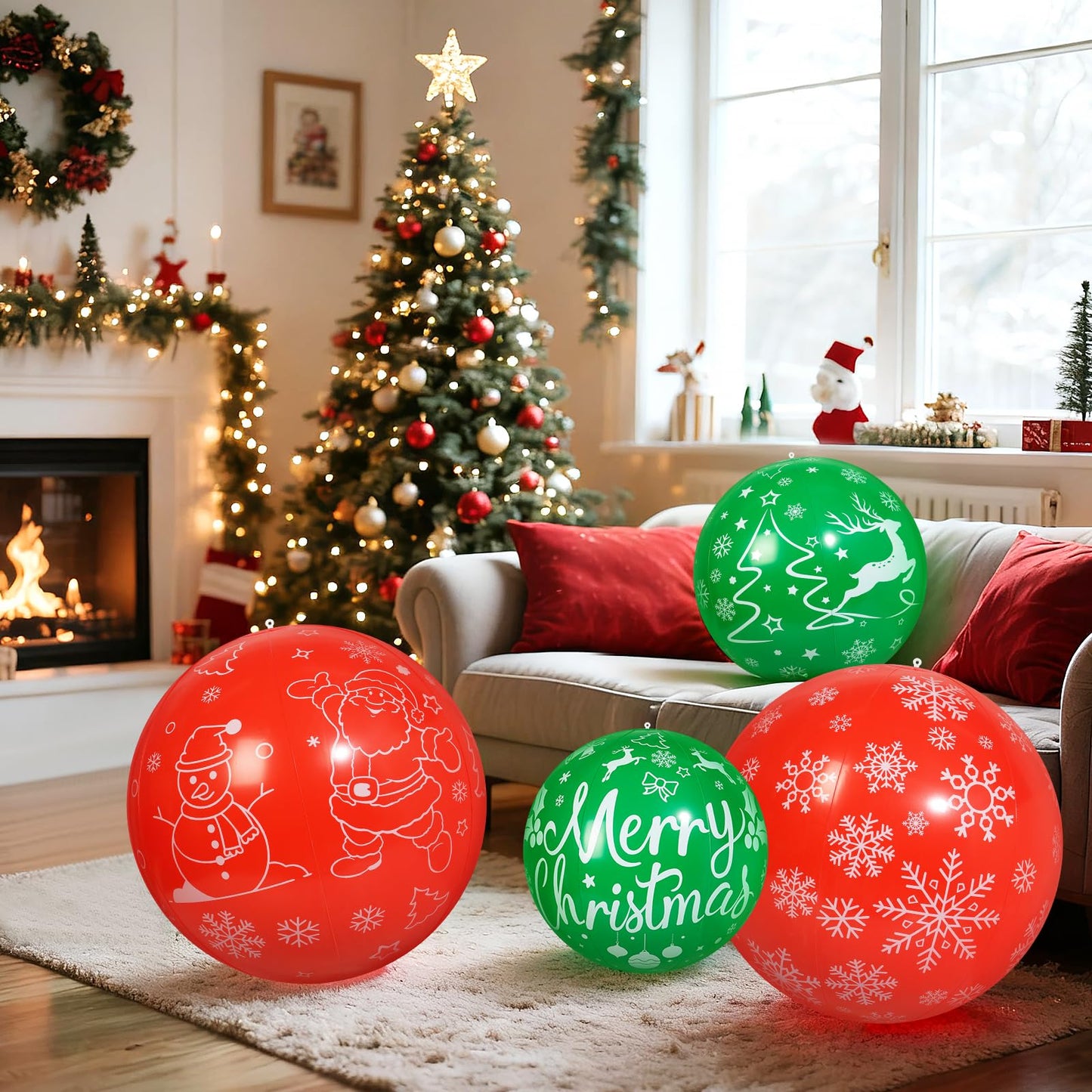 TaoQ C 4 PCS 32 Inch, 24 Inch Christmas Inflatable Balloons PVC Large Christmas Inflatable Outdoor Balls for Xmas Garden Lawn Yard Holiday Front Door Decoration