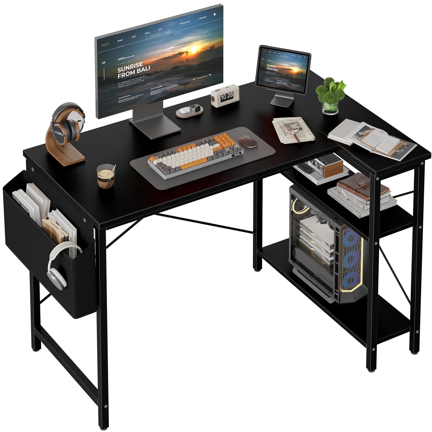 Grandder L Shaped Computer Desk with Reversible Shelves, 47 Inch Small Corner Desk with Storage Bag, Gaming Desk Computer Table Study Writing Table for Home Office Bedroom Small Space, Black