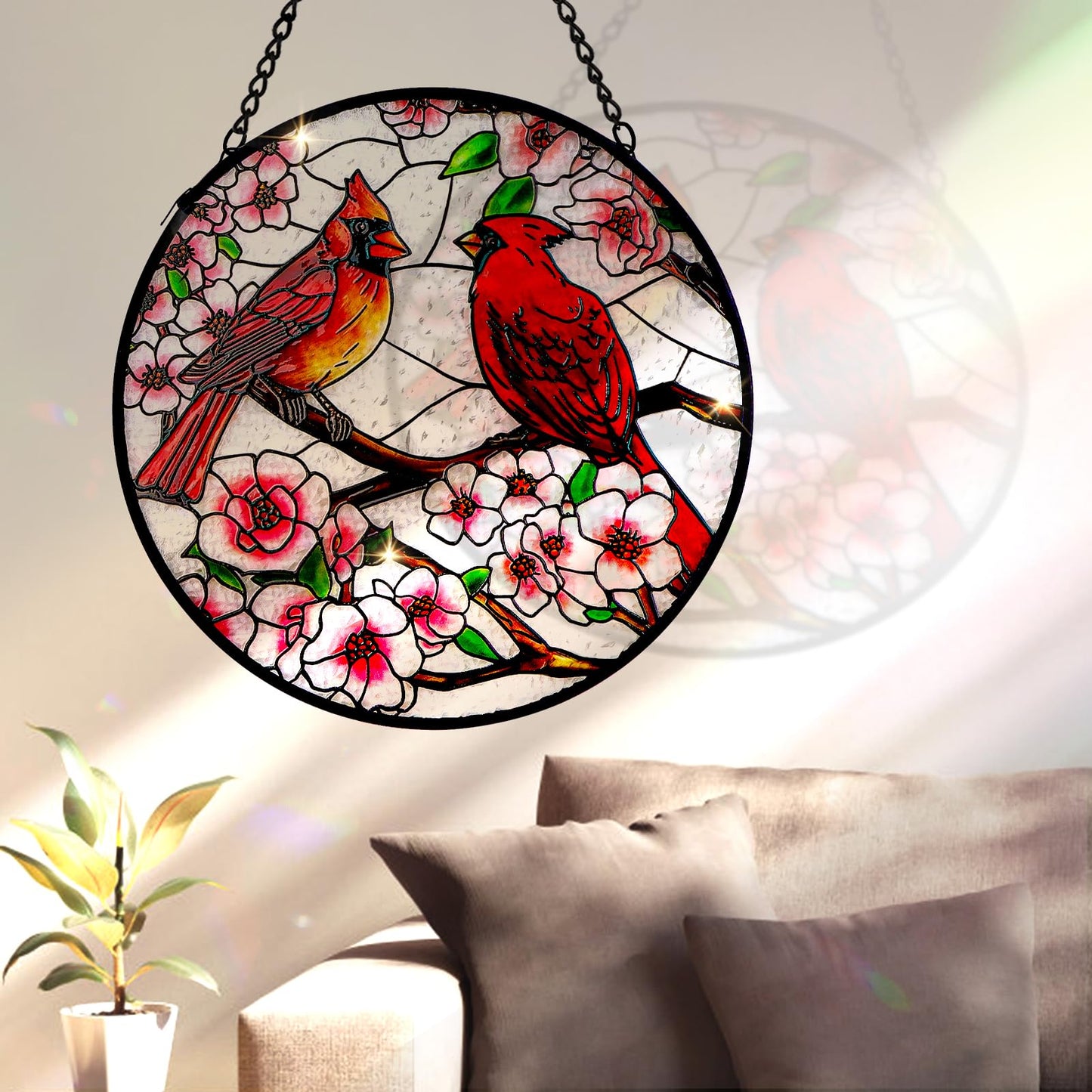 Remiawy Cardinal Stained Glass Window Hanging, 10 Inch Sun Catcher Glass Panel with Metal Chain and Hooks Suncatcher Indoor Window Wall Art Home Decor Gift for Bird Lovers Women Mother's Day Christmas