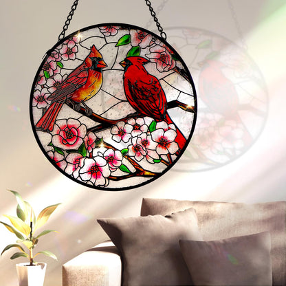 Remiawy Cardinal Stained Glass Window Hanging, 10 Inch Sun Catcher Glass Panel with Metal Chain and Hooks Suncatcher Indoor Window Wall Art Home Decor Gift for Bird Lovers Women Mother's Day Christmas