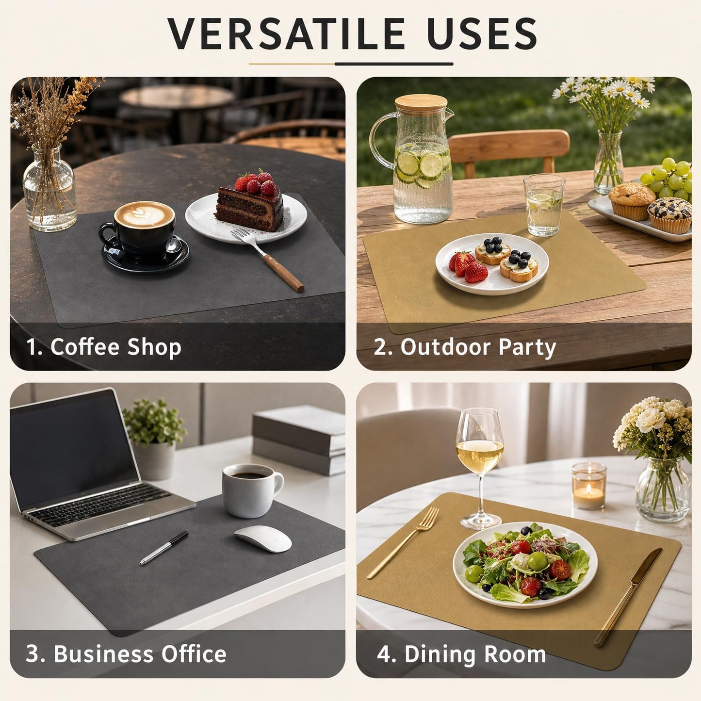 ZEUMIE Reversible PU Leather Placemats Set of 6, Double-Sided Waterproof Heat-Resistant Table Mats, Non-Slip Washable Dining Placemats for Kitchen, Restaurant, Party (Dark brown & yellow, 17.5"x11.8")