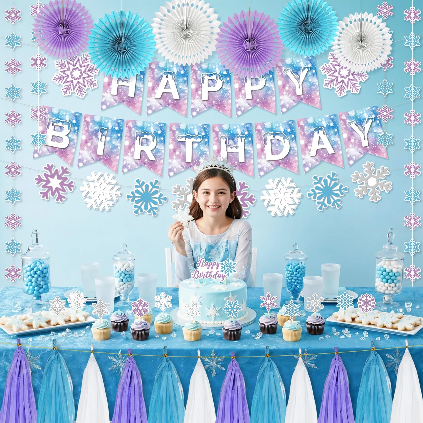 LakPty Frozen Party Decorations, Blue Purple White Snowflake Theme Birthday Decor Kit with Banner, Garlands, Cake Topper, Paper Fans, Tassels Decors for Boys Girls Winter Holiday Party Supplies