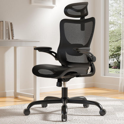 Marsail Ergonomic Mesh Office Chair High Back Home Office Desk Chair with Adaptive Lumbar Support, 2D Headrest, 3D Flip-Up Armrests, Height Adjustable and Rocking Tilt for Home Office and Gaming