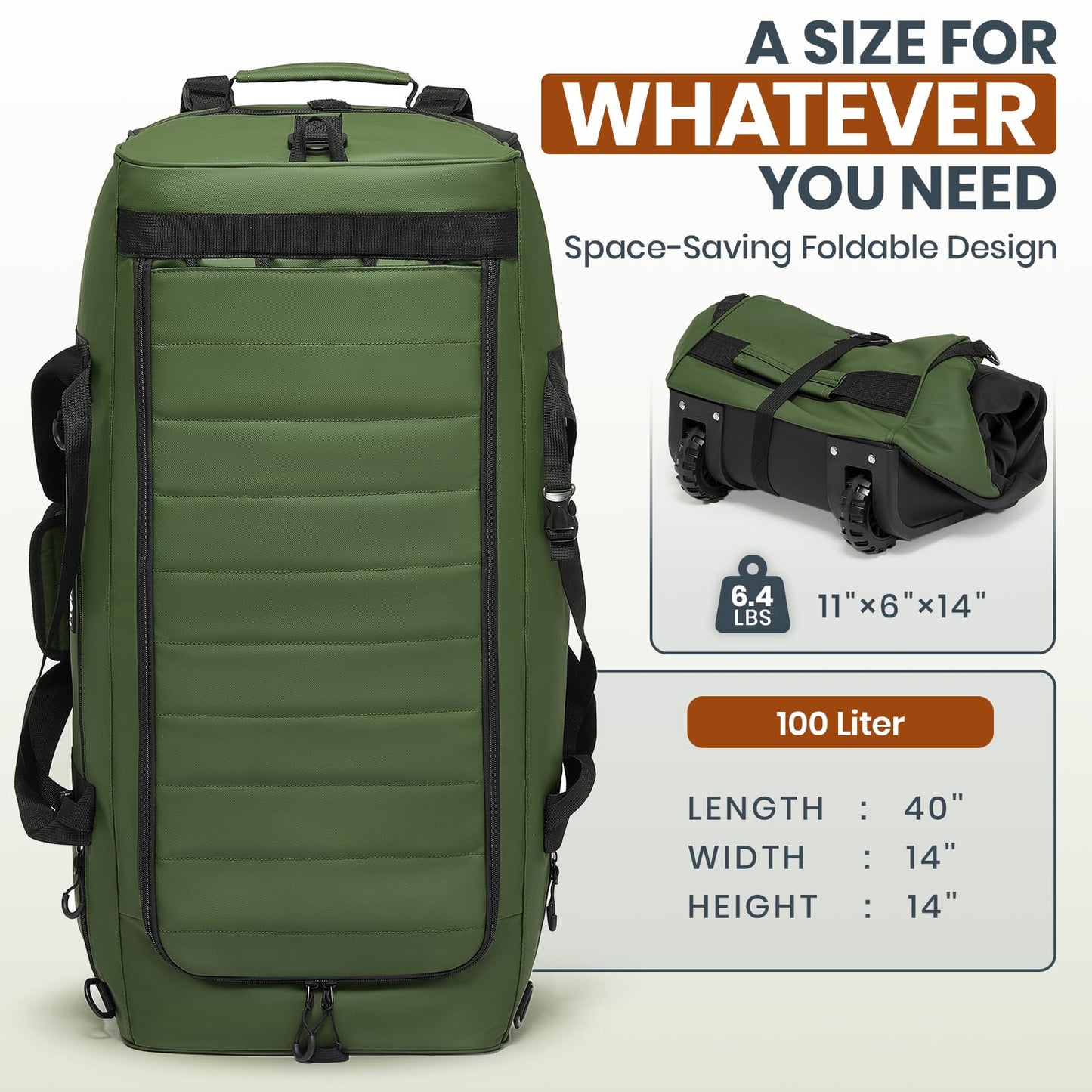 Fanwoli 100L Rolling Duffel Bag with Wheels, Durable Travel Duffel Backpack with Hidden Straps & Waist Support, Waterproof Foldable Luggage for Outdoor, Airport & Camping, Men/Women,Green