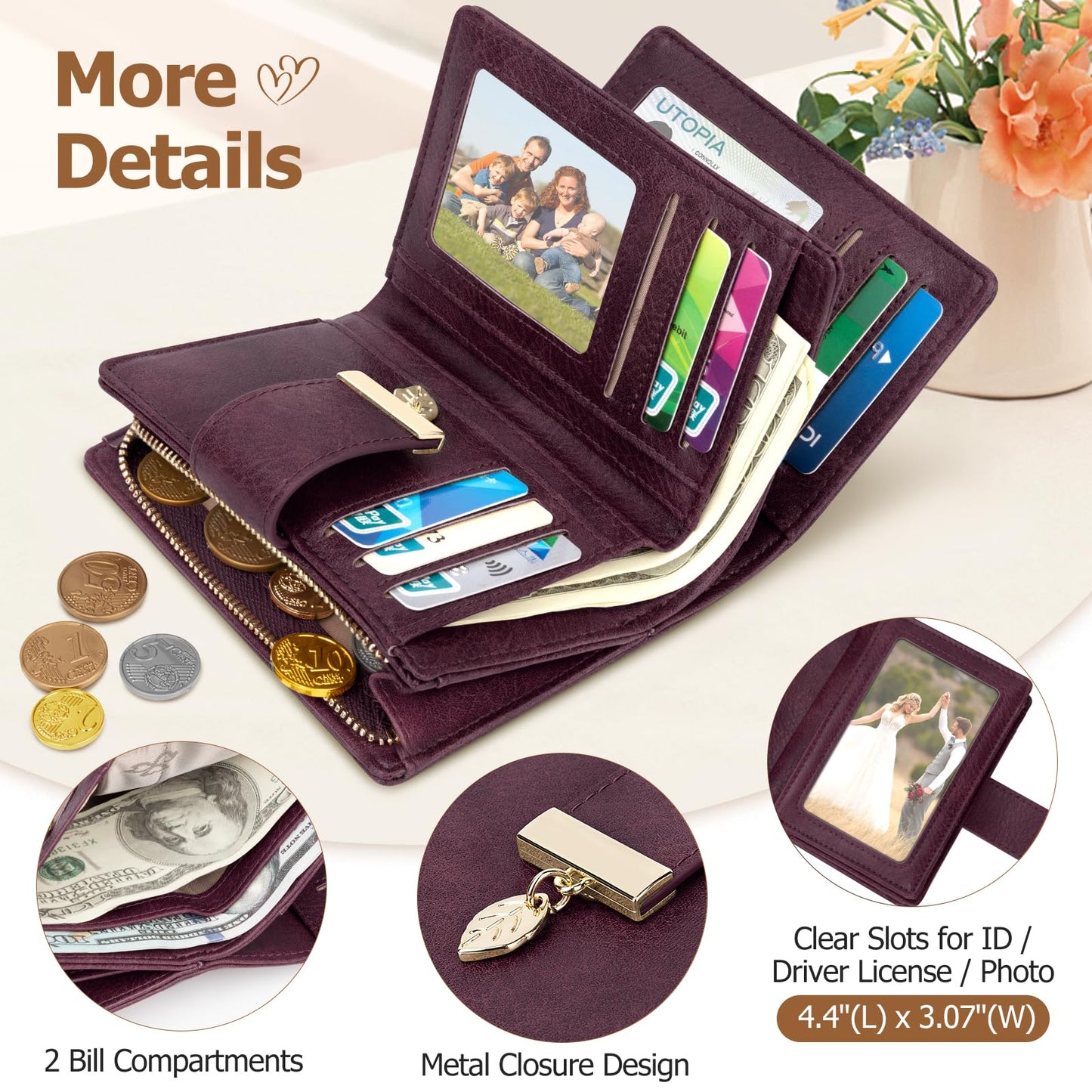 HUANLANG Small Wallets for Women Rfid Blocking Leather Bifold Credit Card Holder Ladies Wallet Zipper Pocket with ID Window