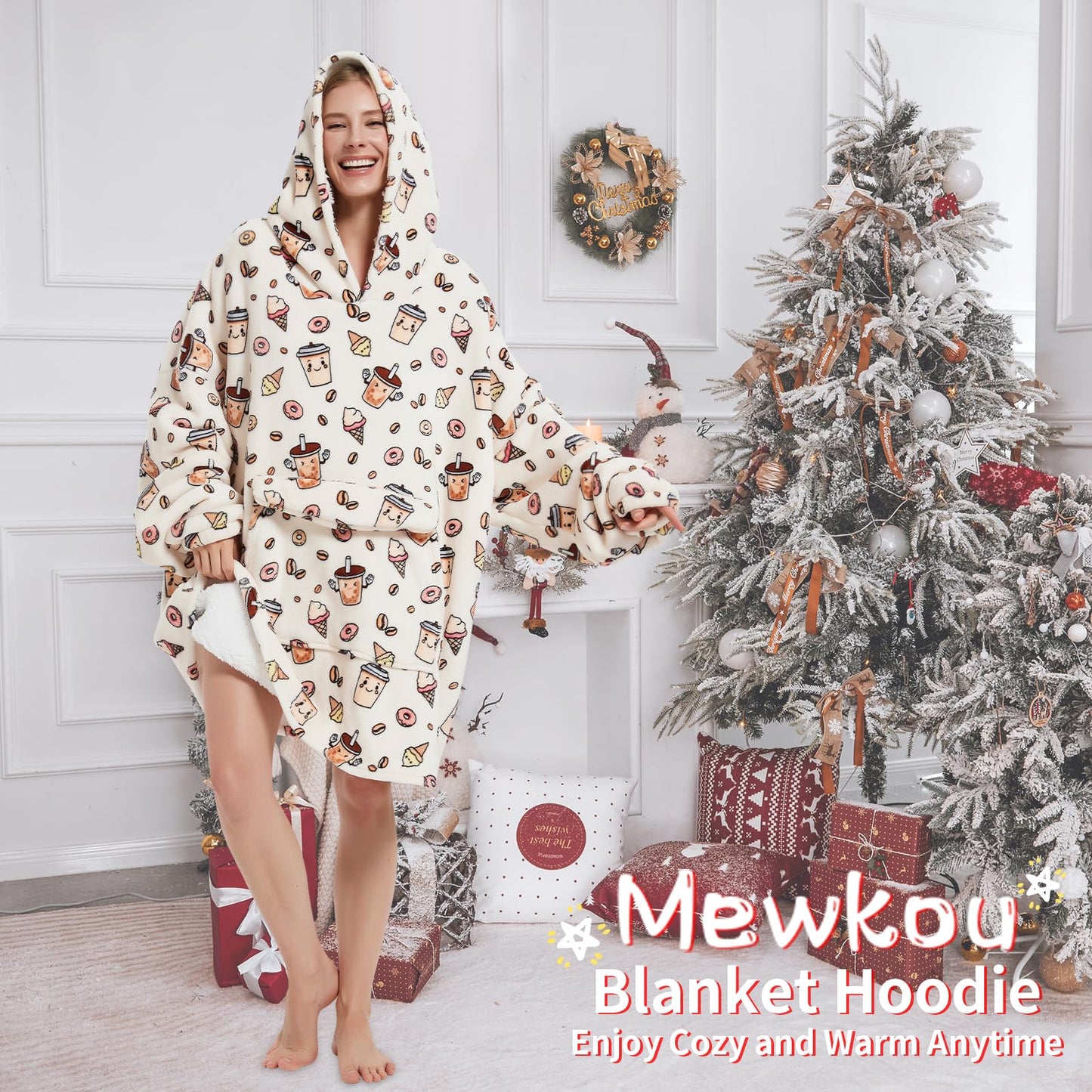 Mewkou Wearable Blanket Hoodie for Adult,Oversized Sherpa Fleece Blanket Hoodie for Women Men,Coffee