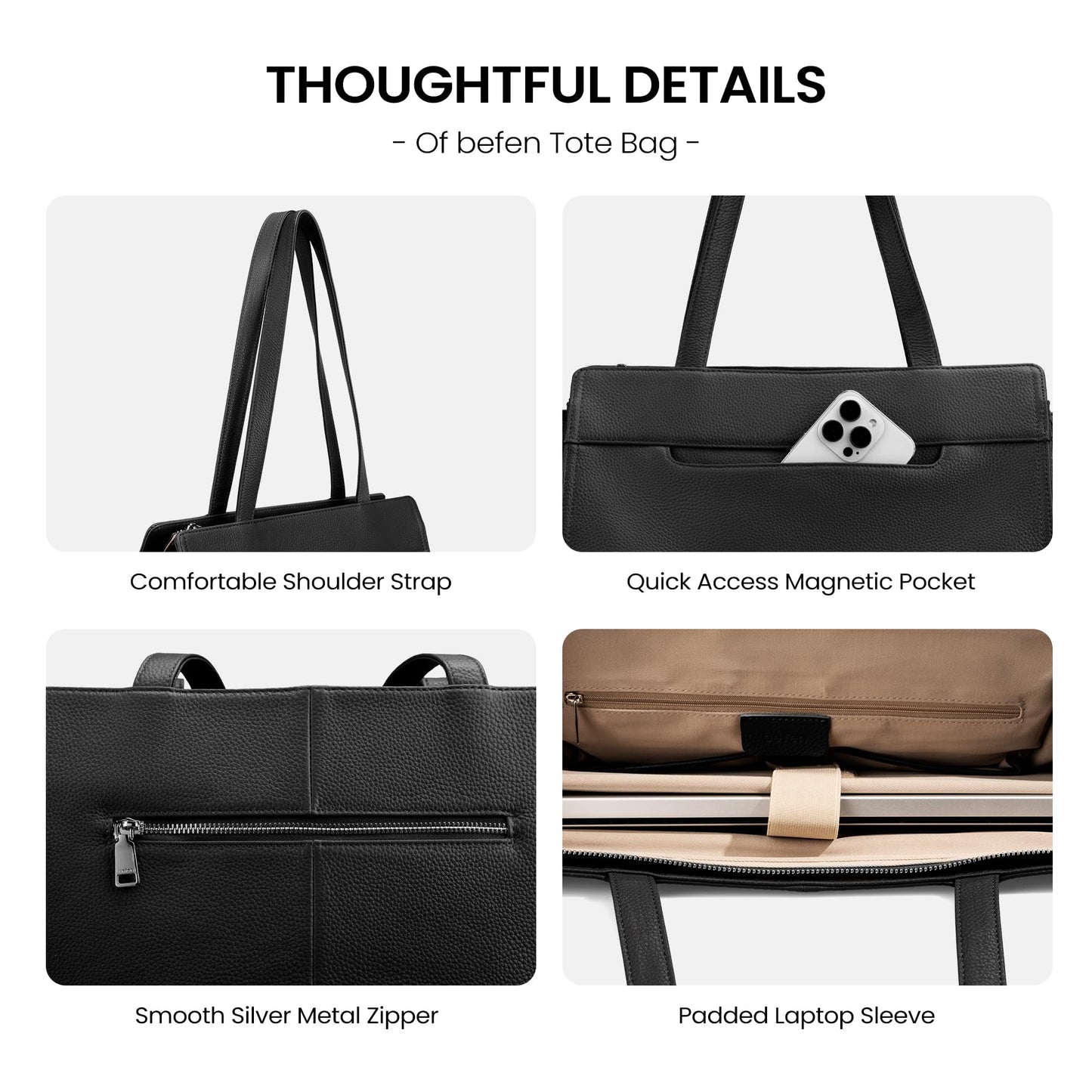 befen Genuine Leather Tote Bag for Women Work,Black Leather Tote Bag,Large Women's Zippered Shoulder Bags Purses Satchel Handbags with Top Handles Work Purse for Daily Travel