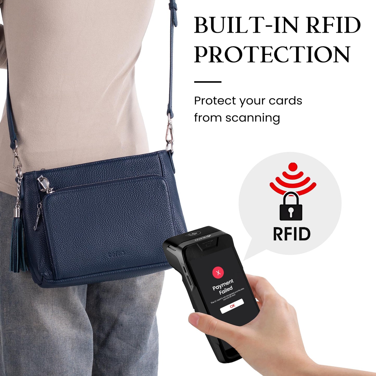 befen Genuine Leather Crossbody Bags for Women, RFID Blocking Leather Purse with Built in Wallet, Anti Theft Crossbody Bags for Women, Travel Purse with Removable and Adjustable Strap, Navy Blue