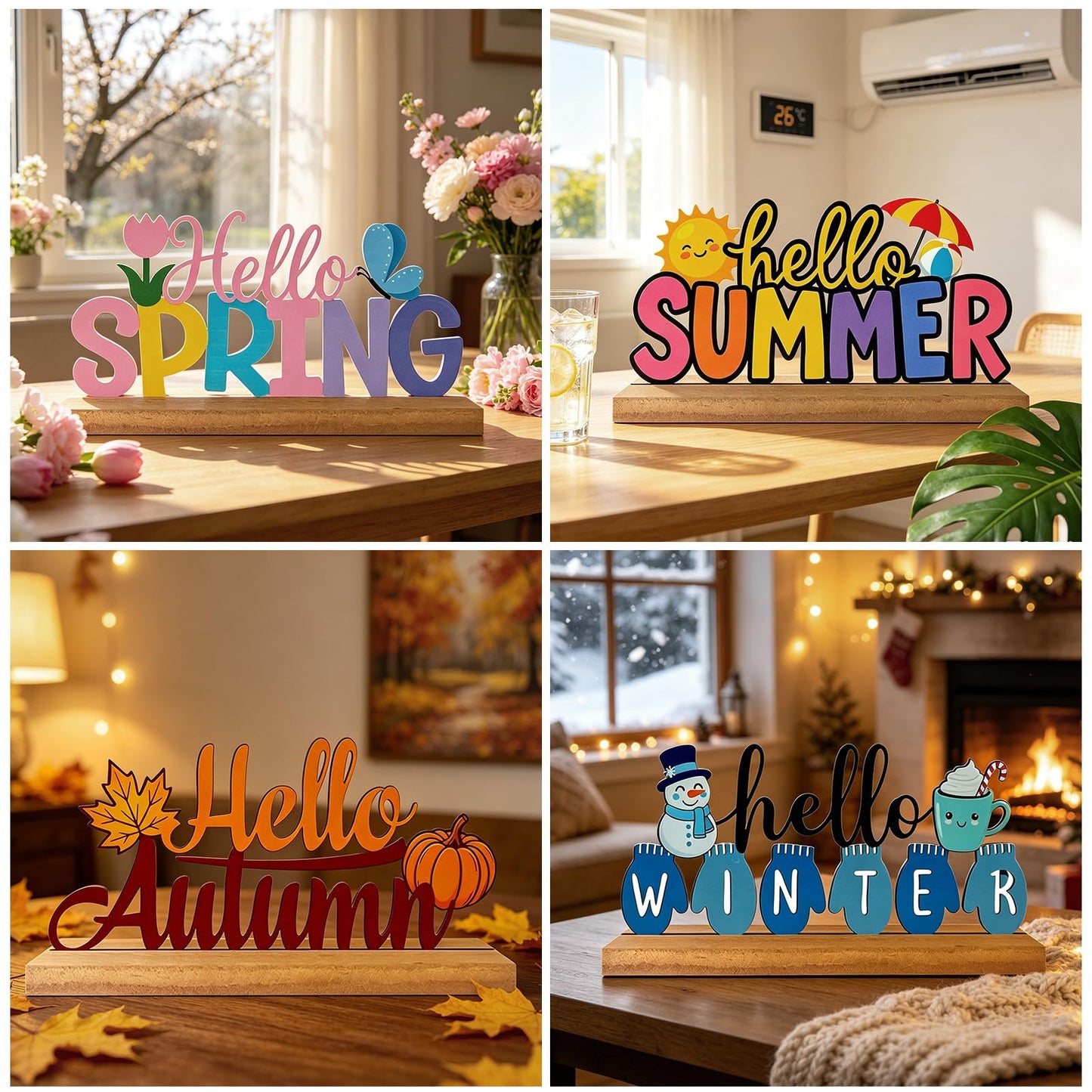 Interchangeable Seasonal Decor Table Sign Set with Wooden Base, 8PCS Holiday & Seasonal Signs for Home Decor, Farmhouse Tiered Tray Decor for Spring Summer Autumn Winter Christmas Halloween