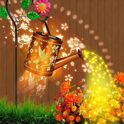 Outdoor Hanging Solar Lantern Waterproof Metal Openwork Hummingbird Watering Can Landscape Lights with Shepherd Hook for Porch Lawn Driveway Backyard Pathway Mom Grandma Gifts