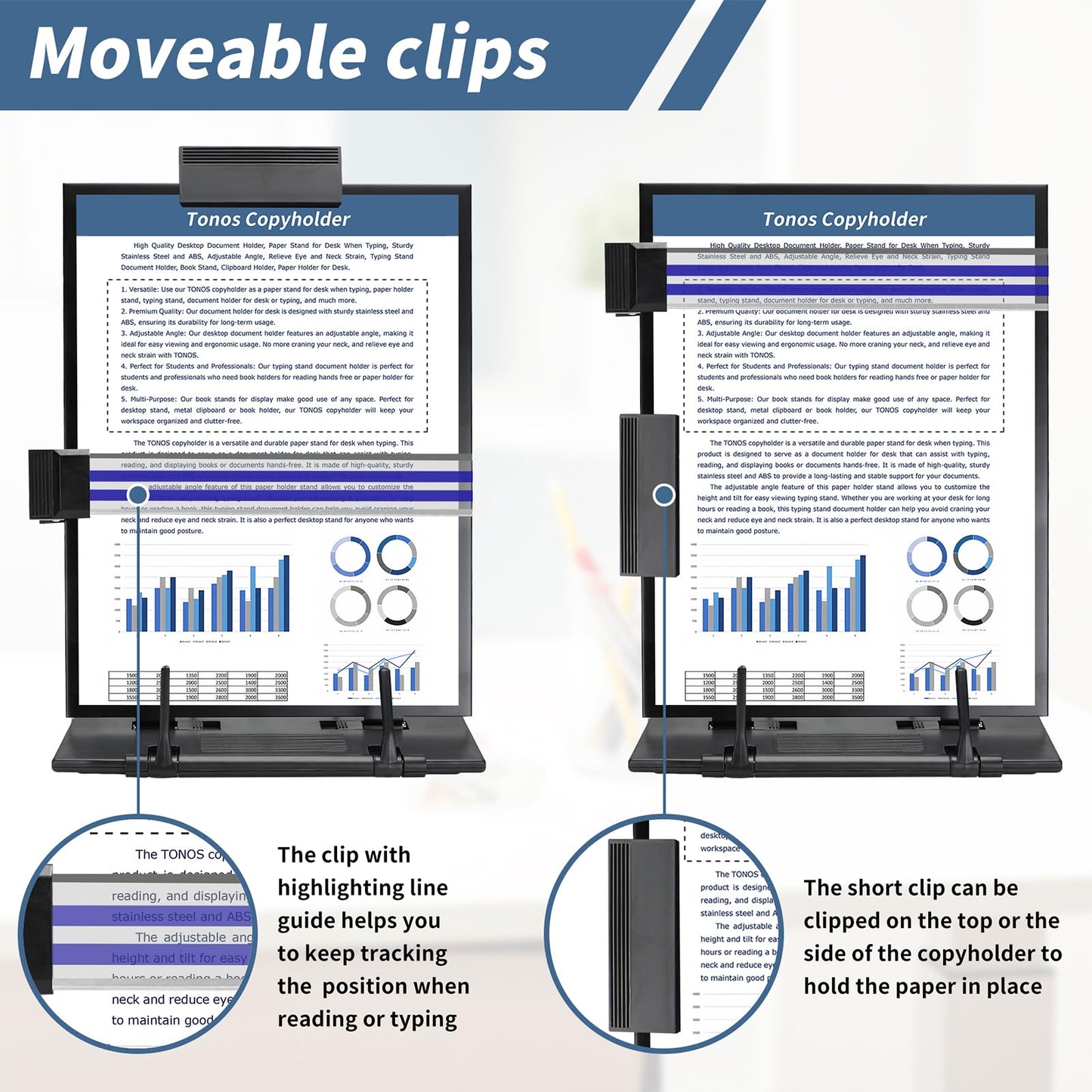 TONOS Paper Stand Document Holder - Quality Document Holder for Desk, Paper Stands for Desk When Typing, Sturdy Stainless Steel Copy Holder, Adjustable Angle, Papers Holder Stand for Desk Typing