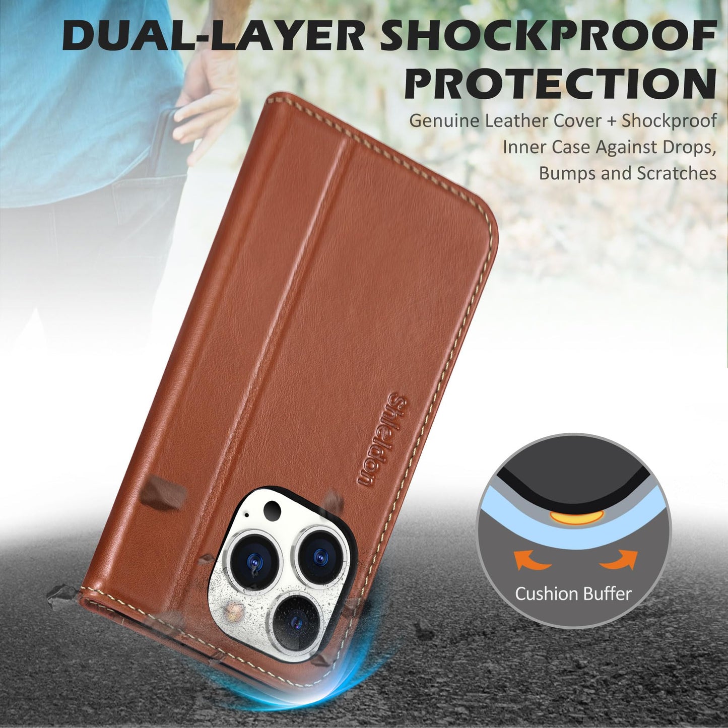 SHIELDON Case for iPhone 14 Pro 5G 2022, Genuine Leather Wallet Case with Kickstand RFID Blocking Card Holder Magnetic Shock Absorbing Cover Compatible with iPhone 14 Pro 6.1" - Retro Brown