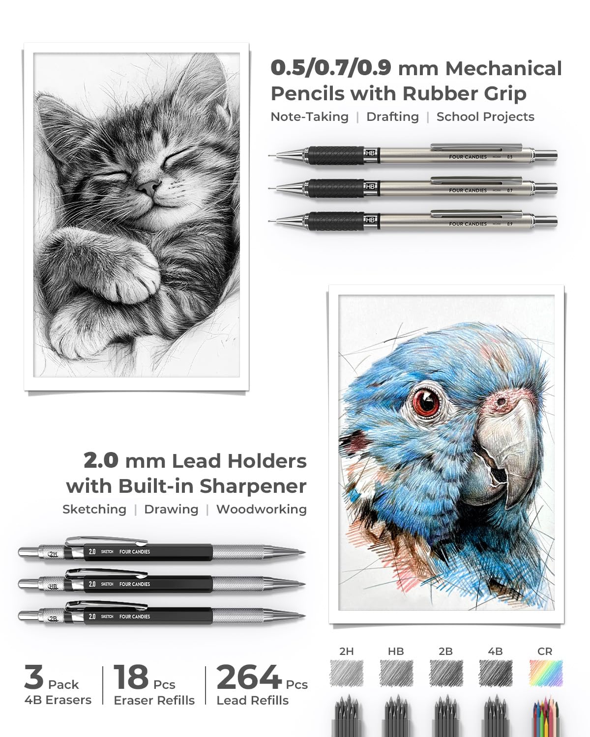 Four Candies 45 PCS School Supplies with Pen Case, 12 Pastel Highlighters, 6 Black Ink Gel Pens, 6 Mechanical Pencils Set for Students Stationary College Essentials (Black)