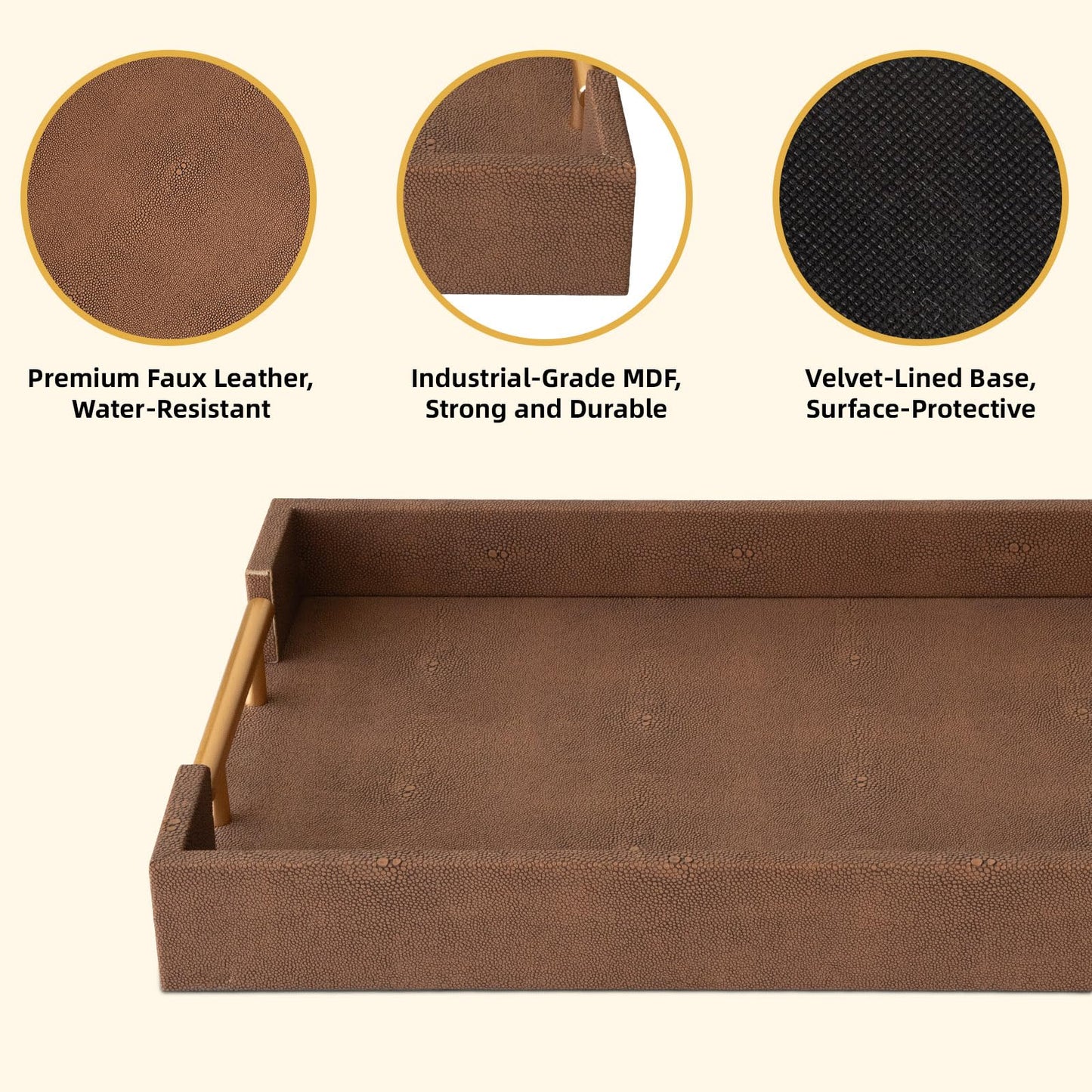 UPPER DECOR Set of 2 Decorative Tray Brown Shagreen Leather Tray, Modern Rectangle Serving Trays with Gold Polished Metal Handles, Ottoman Coffee Table Perfume Kitchen Trays Home Decor