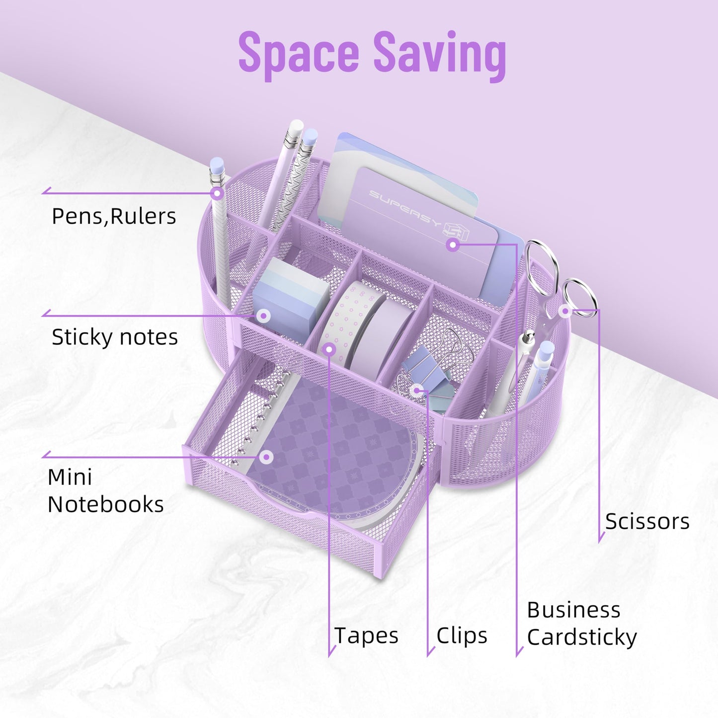 SUPEASY Mesh Desk Organizer, Desk Accessories & Workspace Organizers with Drawers, Pencil Holder for Desk with 9 Compartments for Office Suppliess, School, Classroom, 8.6 x 4.3 x 4.1 Inch, Purple