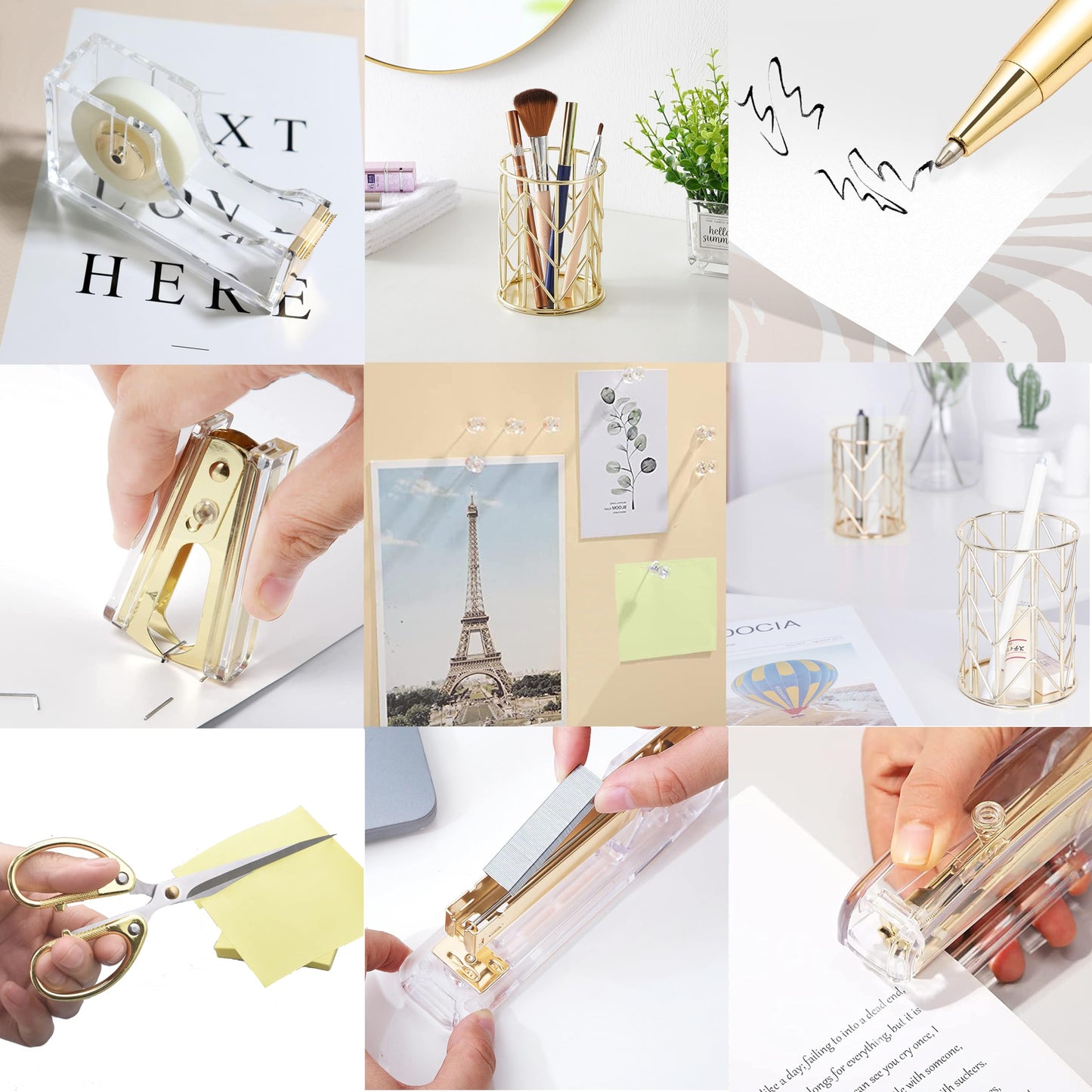 Famassi Gold Desk Accessories，Office Supplies Set Acrylic Stapler Set Staple Remover, Tape/Pen Holder, 2 Ballpoint Pen, Scissor, Binder/Paper Clips and 1000pcs Staples.