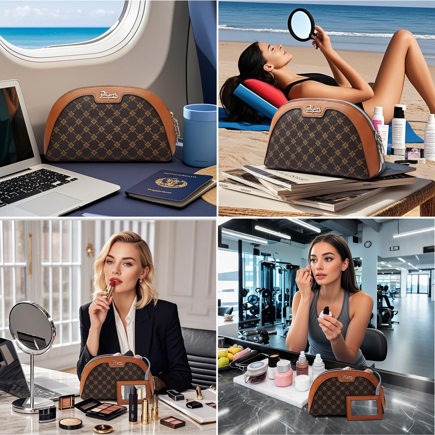 BOYATU Vegan Leather Cosmetic Bag: Refined Pattern Pouch with Built-In Tethered Pull-Out Mirror - Quick Touch-Ups Anywhere - Compact&Lightweight Easy to Carry(010-coffee)