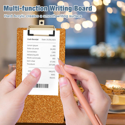 Piasoenc Acrylic Clipboards, Fashion Glitter Clip Board with Low Profile Gold Clip, Designed for Classroom School and Office Use, A4 Letter Size 4 x 8 in, Orange