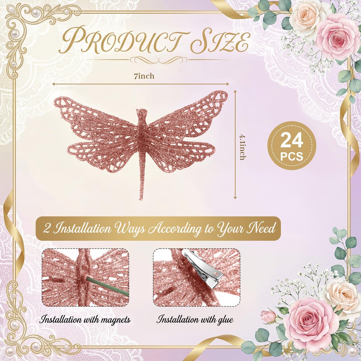 Motionchic 24 Pcs Glitter Dragonfly Decorations, Rose Gold 3D Dragonfly Wall Decor with Clips Stem for Spring Summer Garden Party Wedding, Glitter Dragonflies for Floral Arrangement DIY Craft