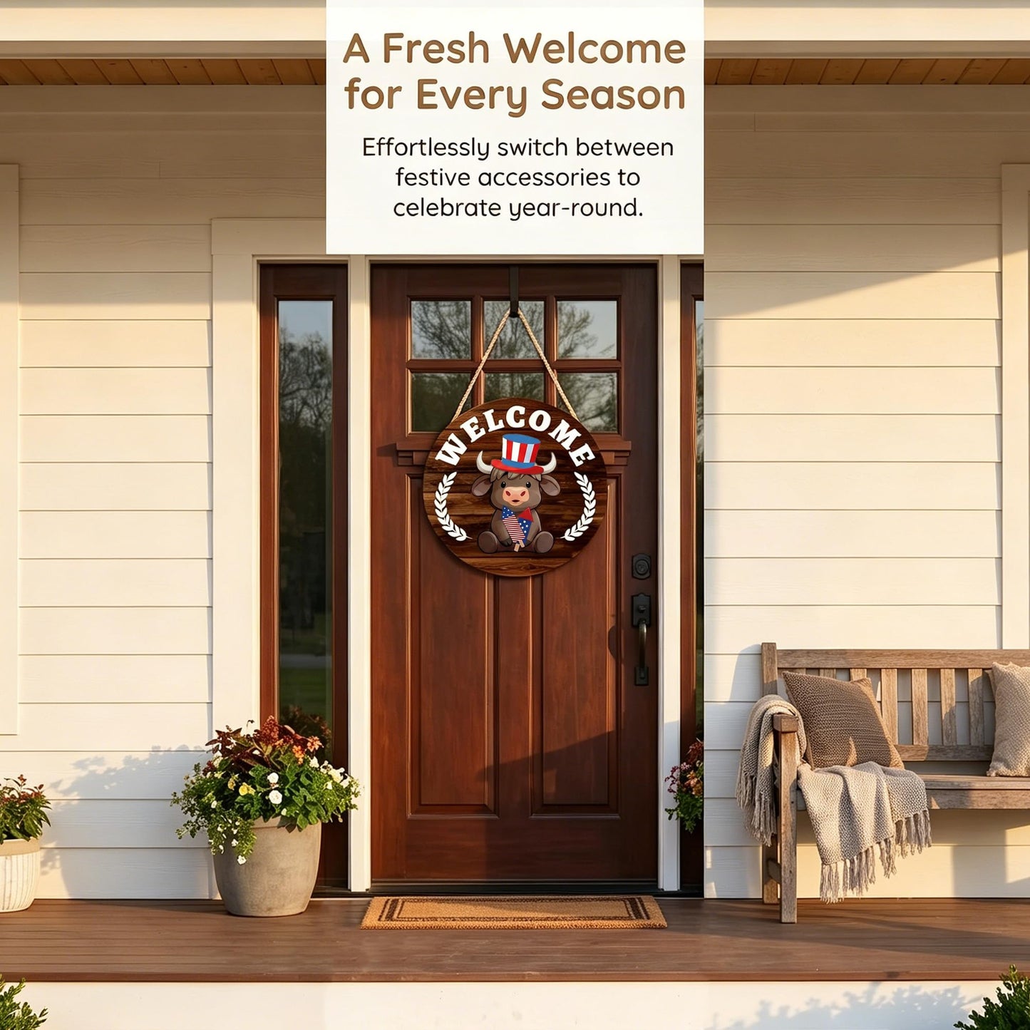 Yiranok Holiday Interchangeable Highland Cow Welcome Sign,Highland Cow Seasonal Wooden Hanging Door Decoration Front Door Decoration Gift Hanging Door Sign