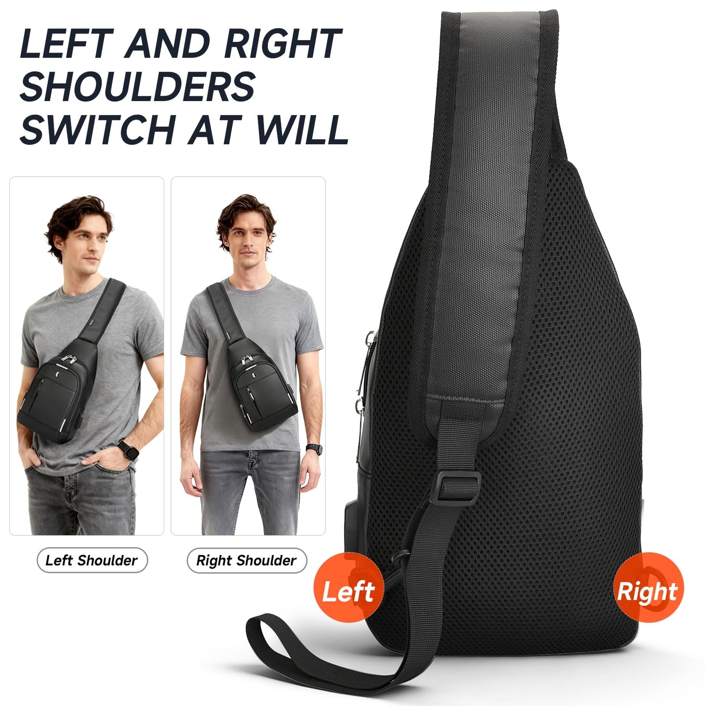 Crossbody Bag for Men, Sling Bag with USB Charging Port & Reflective Strips, Water-Resistant Shoulder Bag Fits Switch 2, Small Backpack Daypack for Travel, Hiking, Gym, Running, Daily Commute