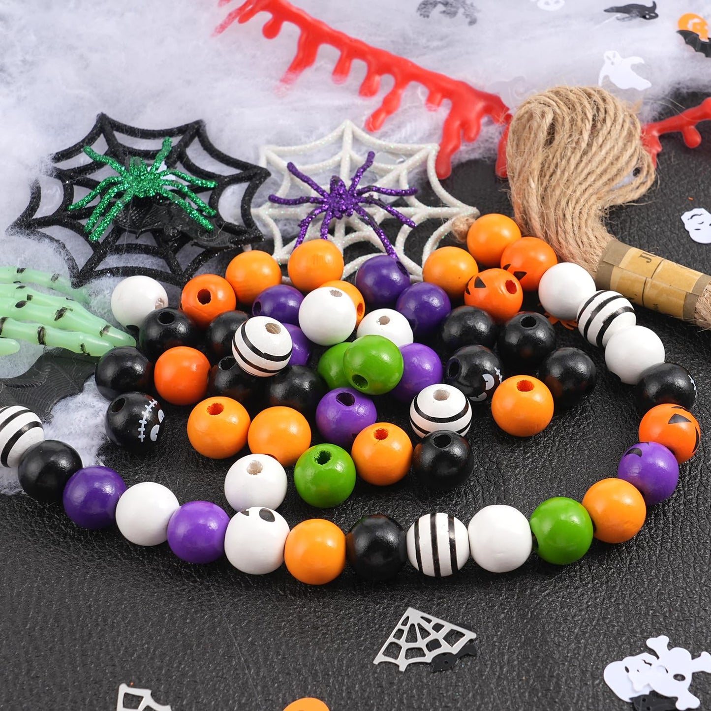 200 Pcs Halloween Wooden Beads Round Loose Beads for Craft Spacer Bead with Twine for Party Tiered Tray Garland Farmhouse Garden DIY Decor