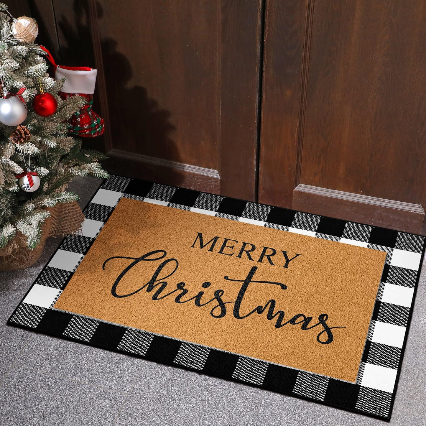 Duraaamo 2 Pcs Christmas Doormat Merry Christ Non Slip Outdoor Rug Xmas Welcome Layered Buffalo Floor Mats for Front Porch Entryway(Black White,Plaid)