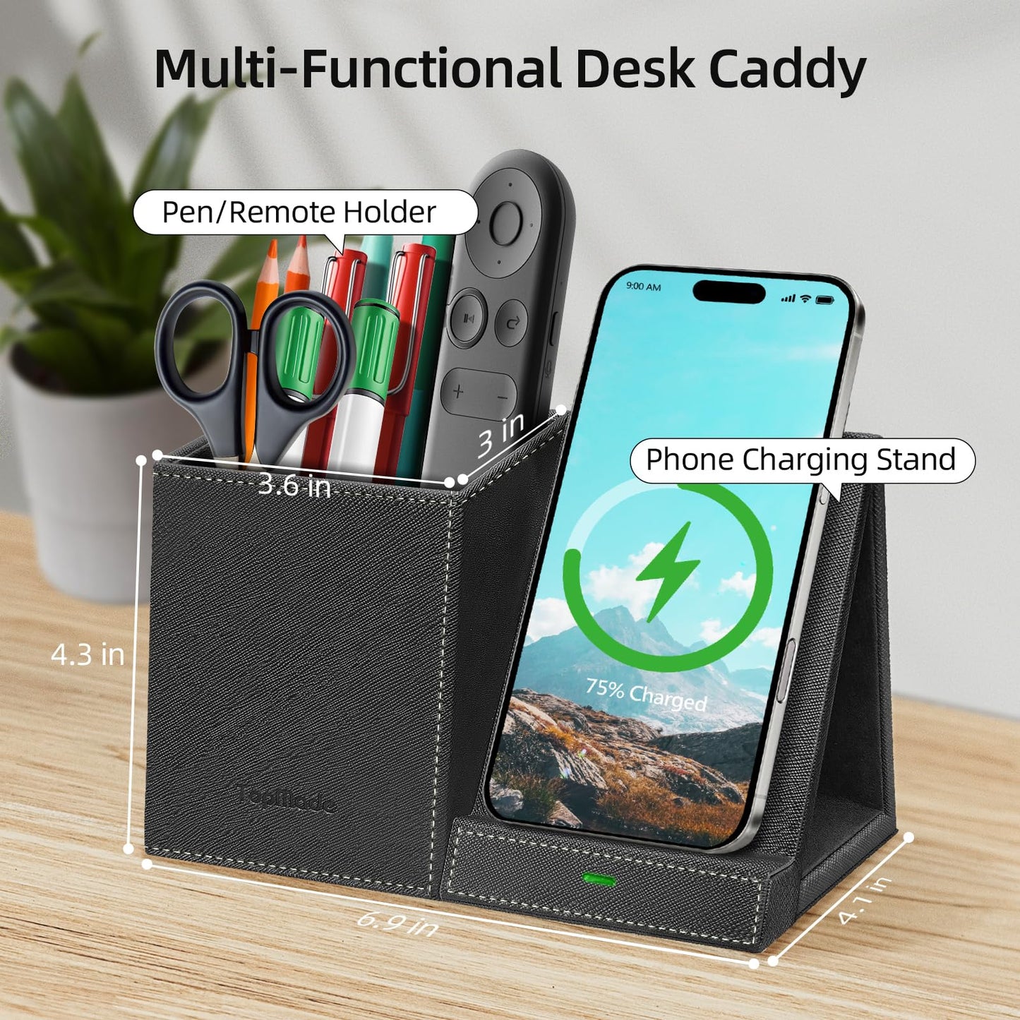 TopMade Wireless Charger with Pen Pencil Holder, Leather Mltifunctional Desk Nightstand Organizer, Fast Charging Station Remote Control Holder, Office Supplies Desk Accessories, Gifts for Men(Black)
