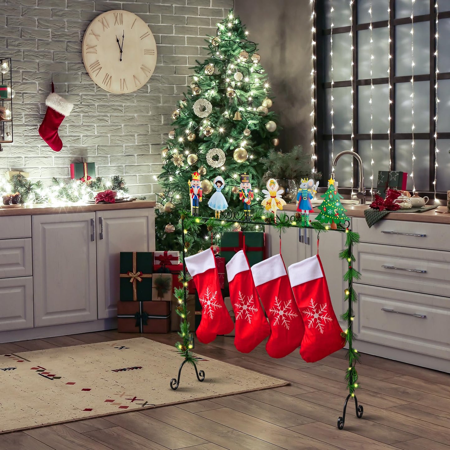 Sliner Christmas Stocking Holder with 12 Detachable Hooks 39.8 in Metal Stocking Holder Stand with String Lights, Freestanding Hangers Racks for Floor Fireplace Living Room(Nutcracker)