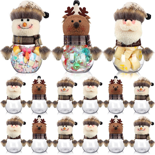 12 Pcs Christmas Candy Jars with Snowman Santa Elk Doll Lid 5.91 x 3.15 Inch Plastic Clear Christmas Cookie Jar Snack Food Storage Container for Home Decoration Xmas Gifts Holiday Party Favors