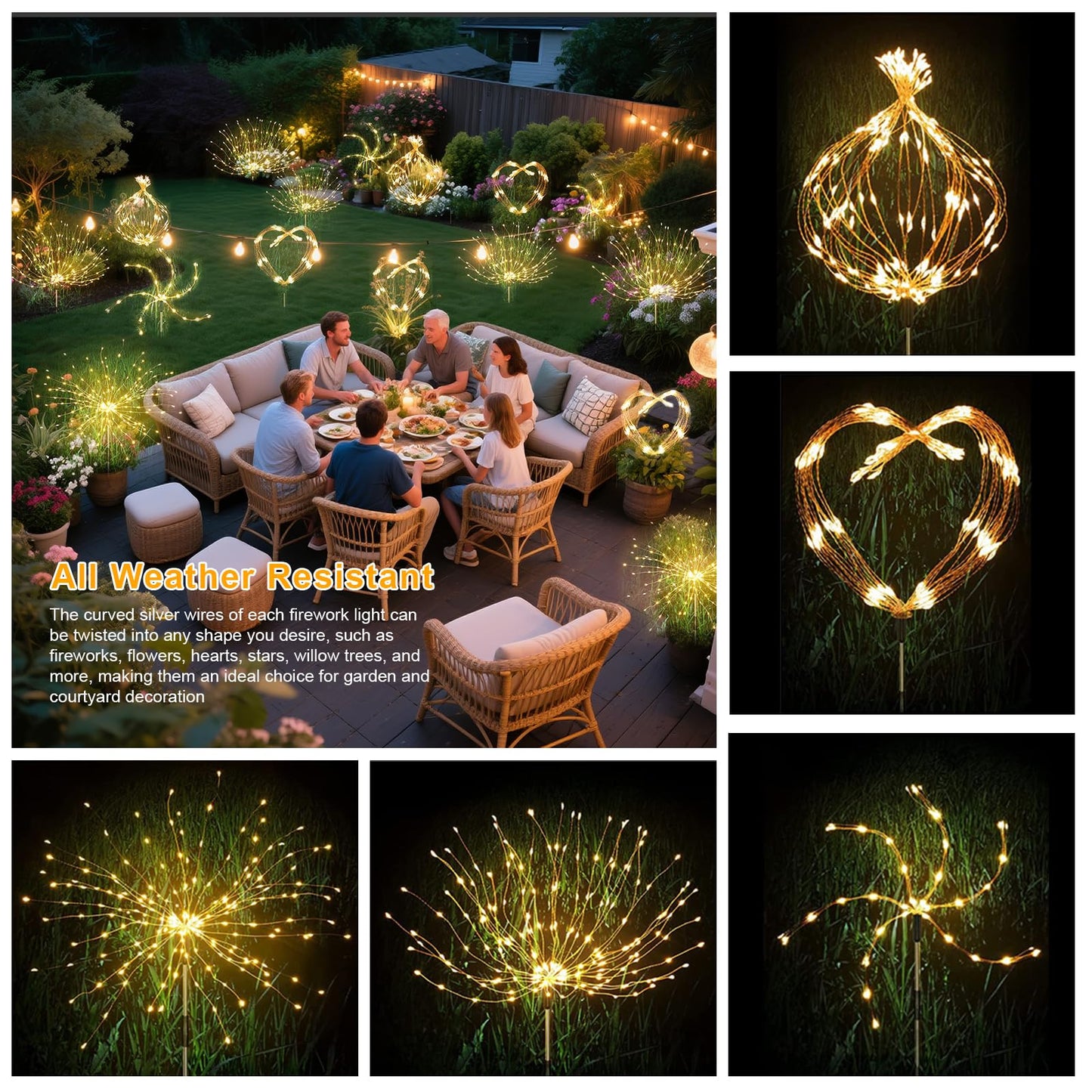 Aureate Horizon Solar Garden Firework Lights Outdoor Waterproof, 6 Pack Solar Lighting with 8 Lighting Modes, 120 LED Sparklers String Lights for Outside Decor Yard Pathway Decorations(Warm)