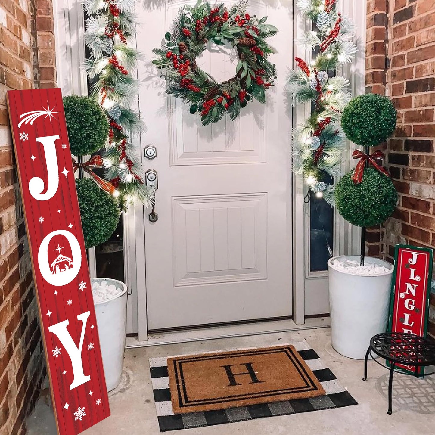 Christmas Porch Sign JOY 47" Winter Large Welcome Porch Sign Xmas Decor for Home Front Door Farm Yard Party Decor (Red)