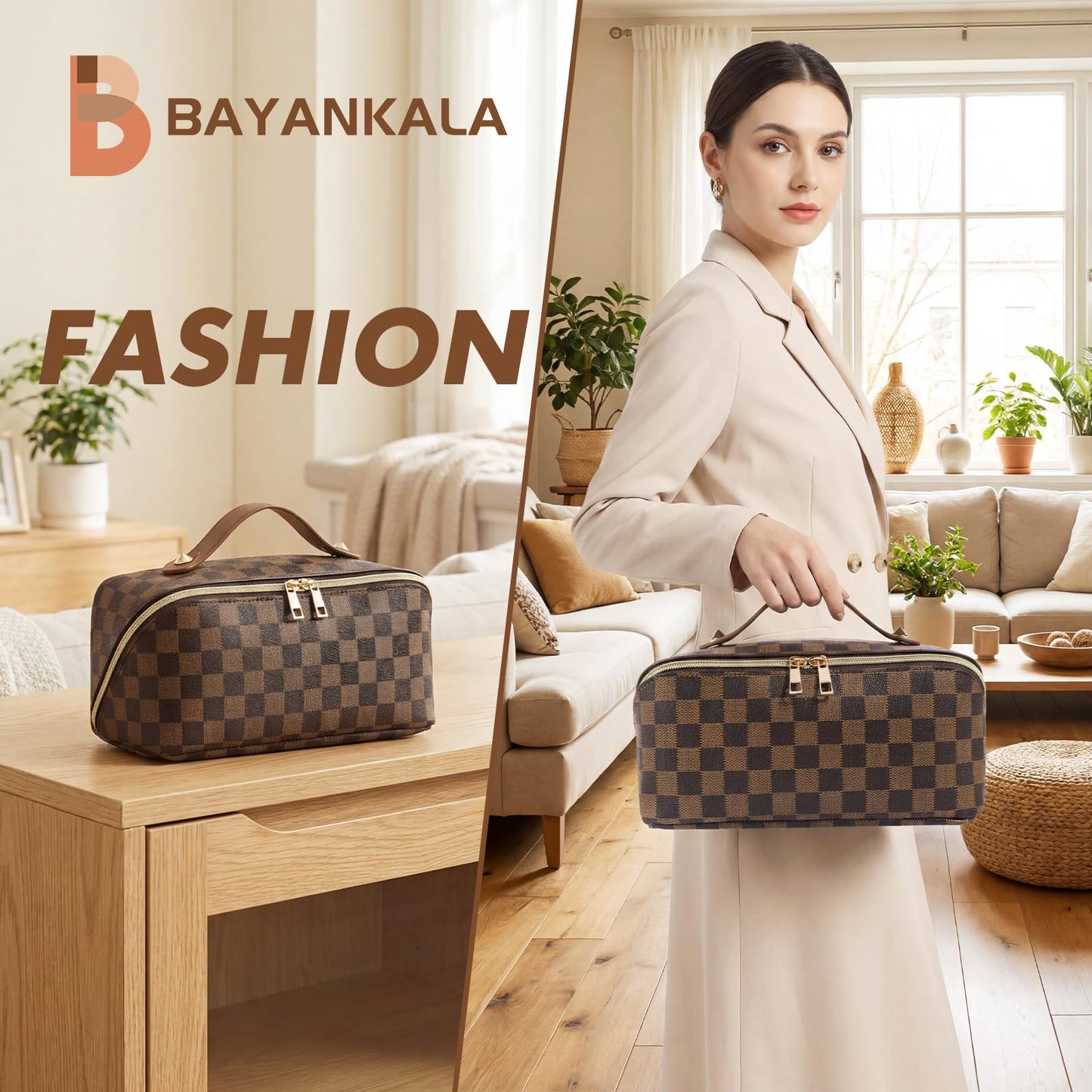 BAYANKALA Leather Travel Makeup Bag, Large Capacity Cosmetic Bag for Women, Waterproof Portable Pouch with Divider, Toiletry Organizer with Handle, 10.5x5x5 Inches, Deep Brown